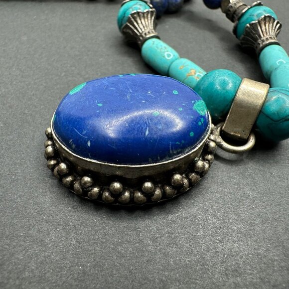 Natural Stone Lapis? Oval Pendant Silver Tone Mixed Beaded Necklace Vintage READ - Picture 9 of 11